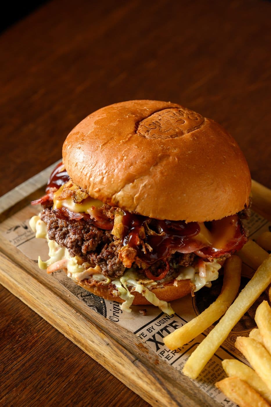 Whiskey glaze burger with bacon
