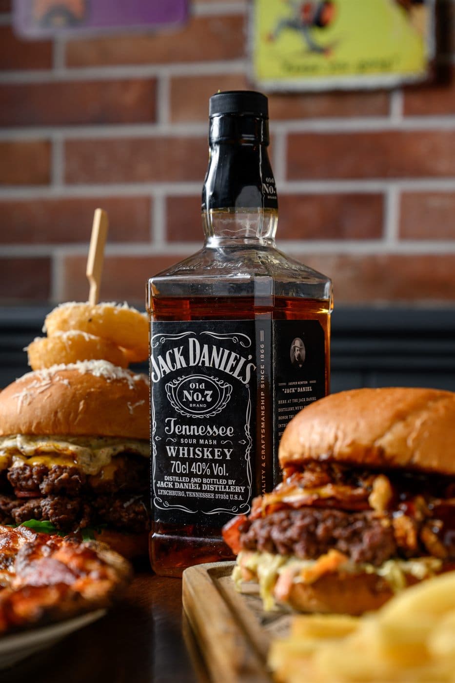 Beefy Jack burger against the brick wall